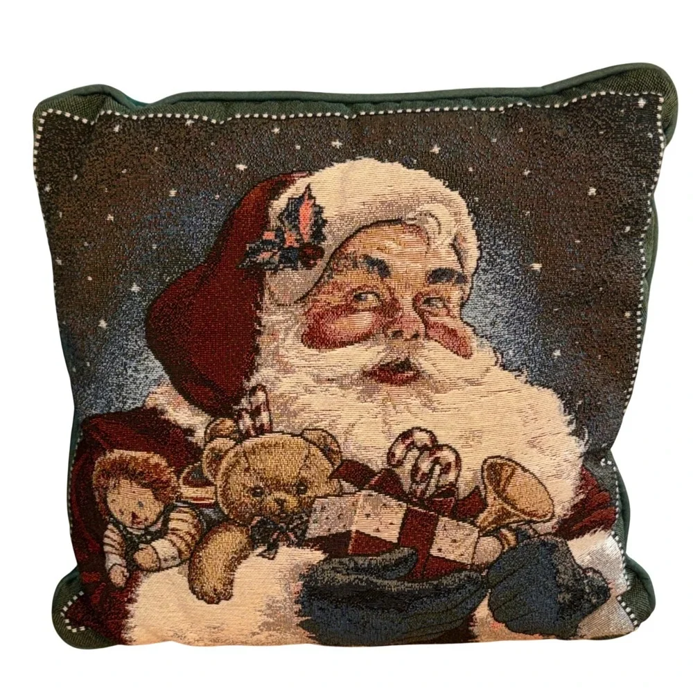 Vintage Tapestry Santa Claus Christmas Throw Pillow Teddy Bear Toys Green 16x16